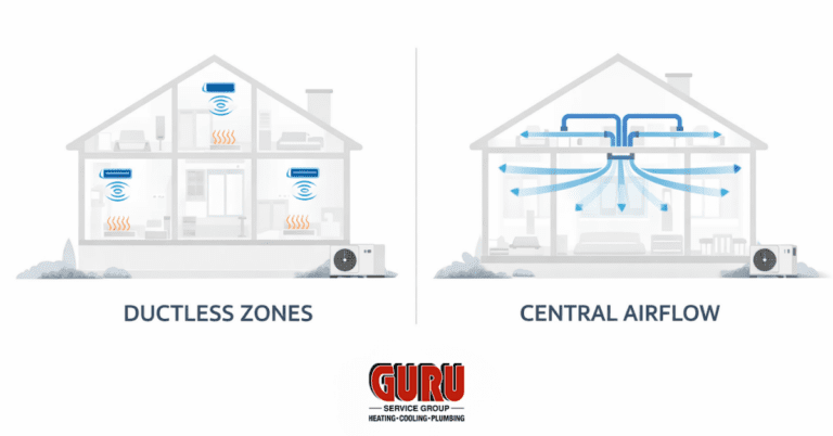 Ductless vs central heat pump installation comparison for Surrey BC homes By Guru Service Group