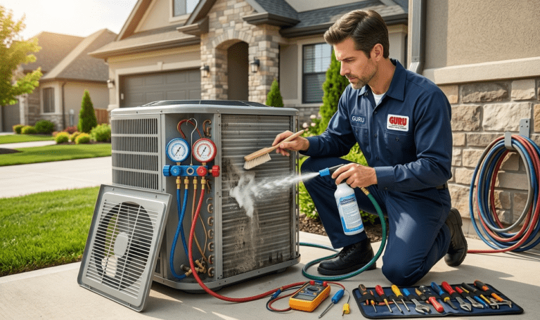 HVAC technician performing AC Repair Surrey service on an outdoor air conditioning unit.