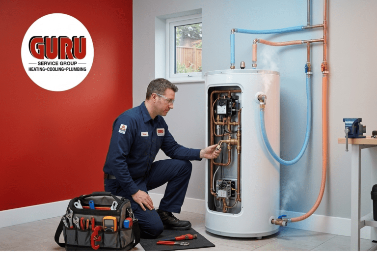 Hot Water Tank Repair Surrey technician fixing water heater with tools and pipes in home utility room