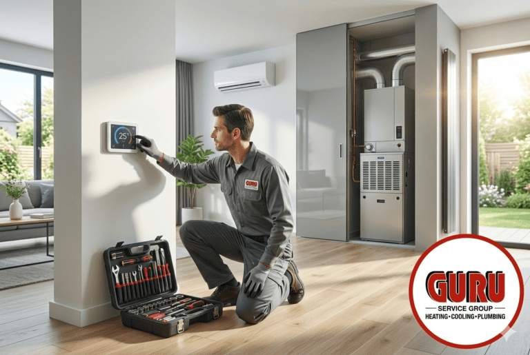 HVAC technician inspecting air conditioning system in Surrey