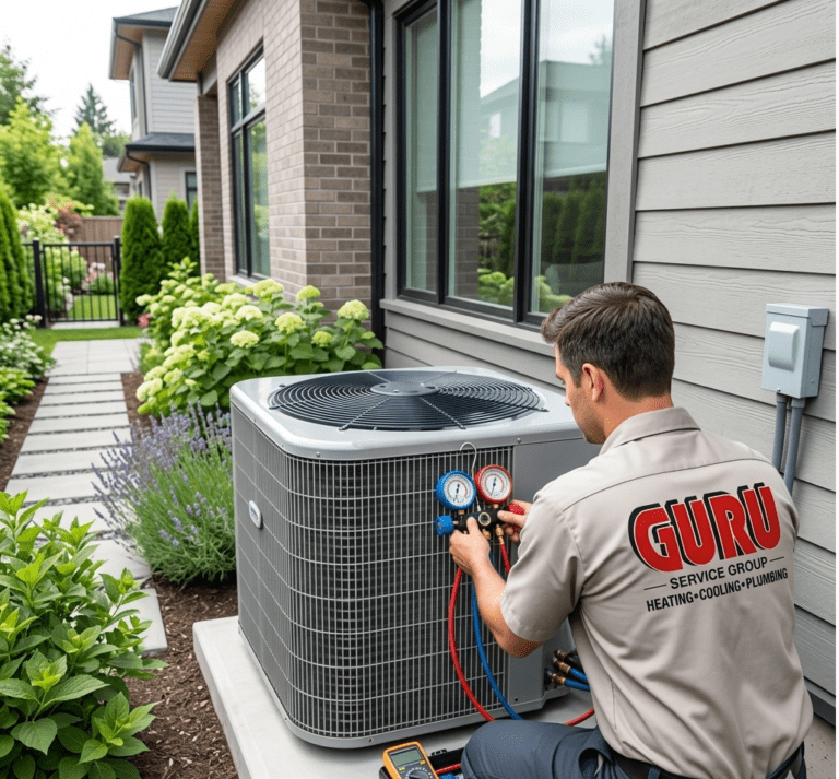 Air Conditioner Repair Surrey technician inspecting AC condenser unit for breaker tripping issues.