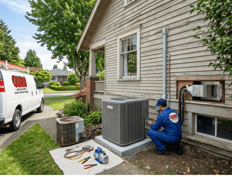 AC Installation Surrey at an older home with a modern energy-efficient cooling system installed.