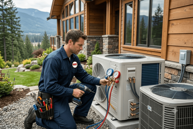 Heat Pump Installation Surrey technician installing a heat pump beside a BC home.