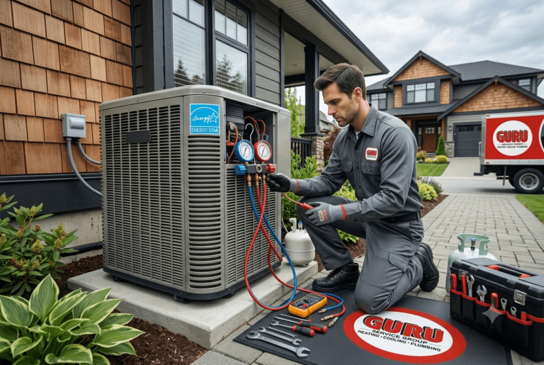 Heat Pump Repair Surrey technician checking refrigerant levels in an outdoor HVAC system