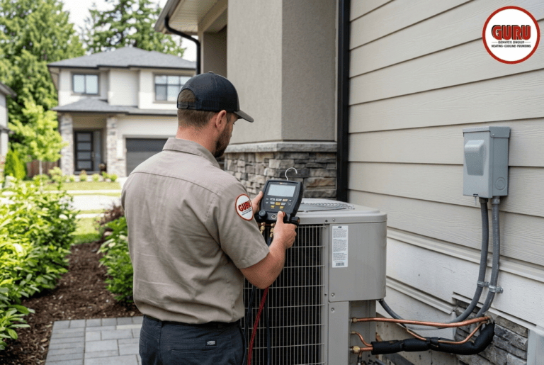 HVAC technician inspecting an AC unit during AC repair in Surrey
