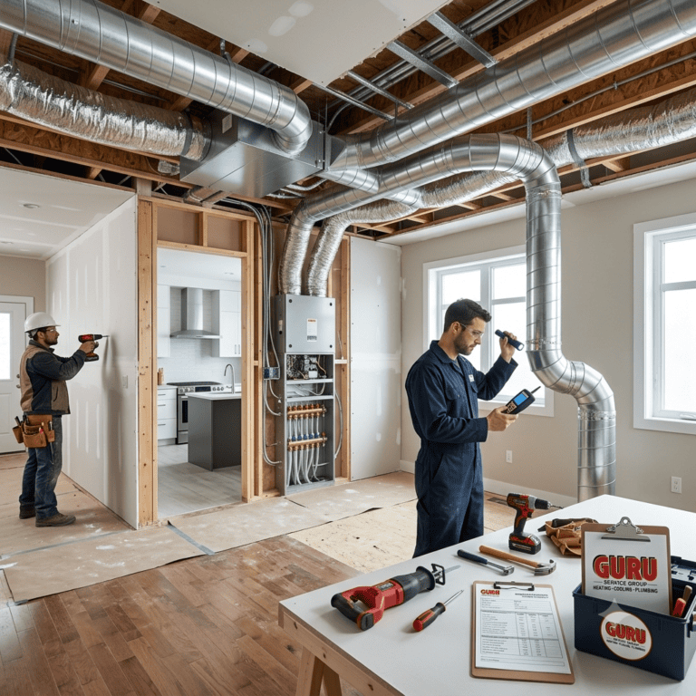 HVAC Contractor Surrey inspecting ductwork during a home renovation project.