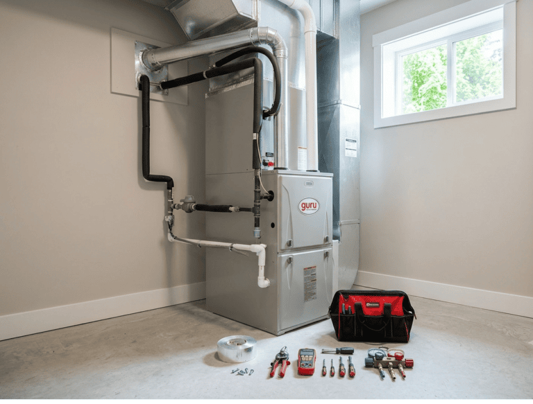 High-efficiency furnace installation in a Surrey home during summer