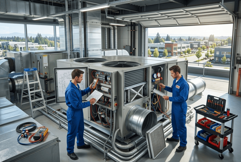 Commercial HVAC maintenance technicians servicing a system in Surrey with branded uniforms