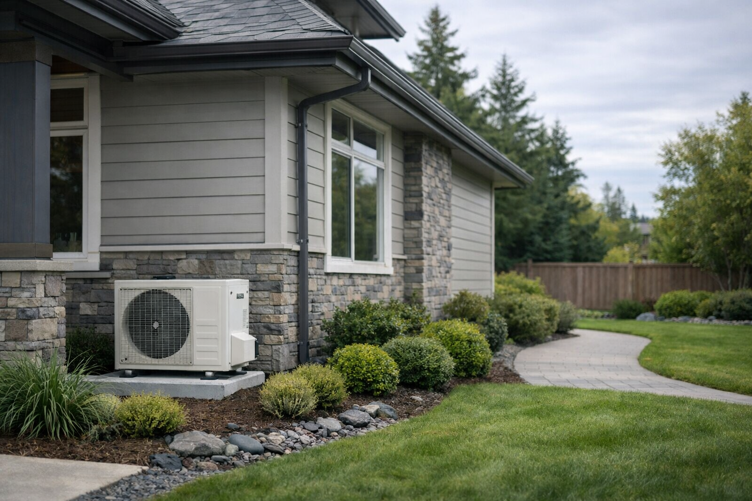 Heat pump outdoor unit installed at a Surrey home in British Columbia by Guru Service Group