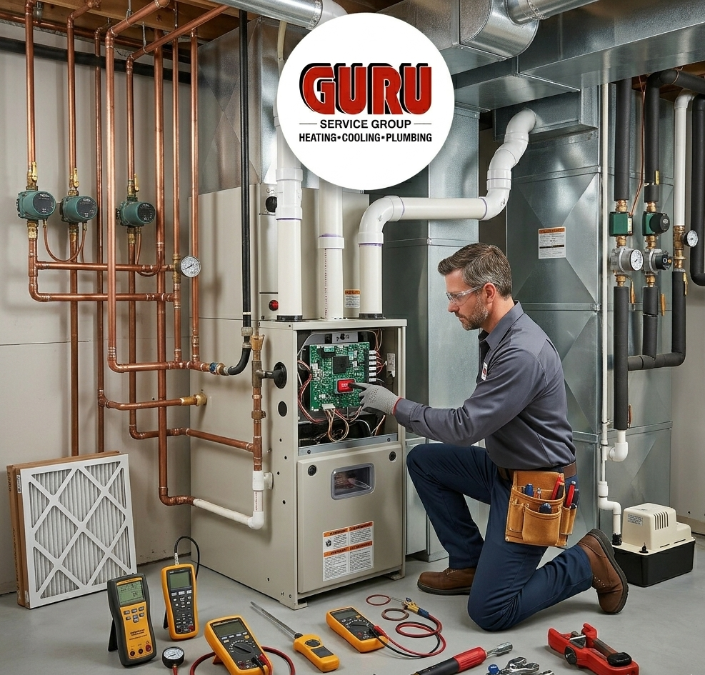 Technician pressing furnace reset button during furnace repair Surrey HVAC maintenance