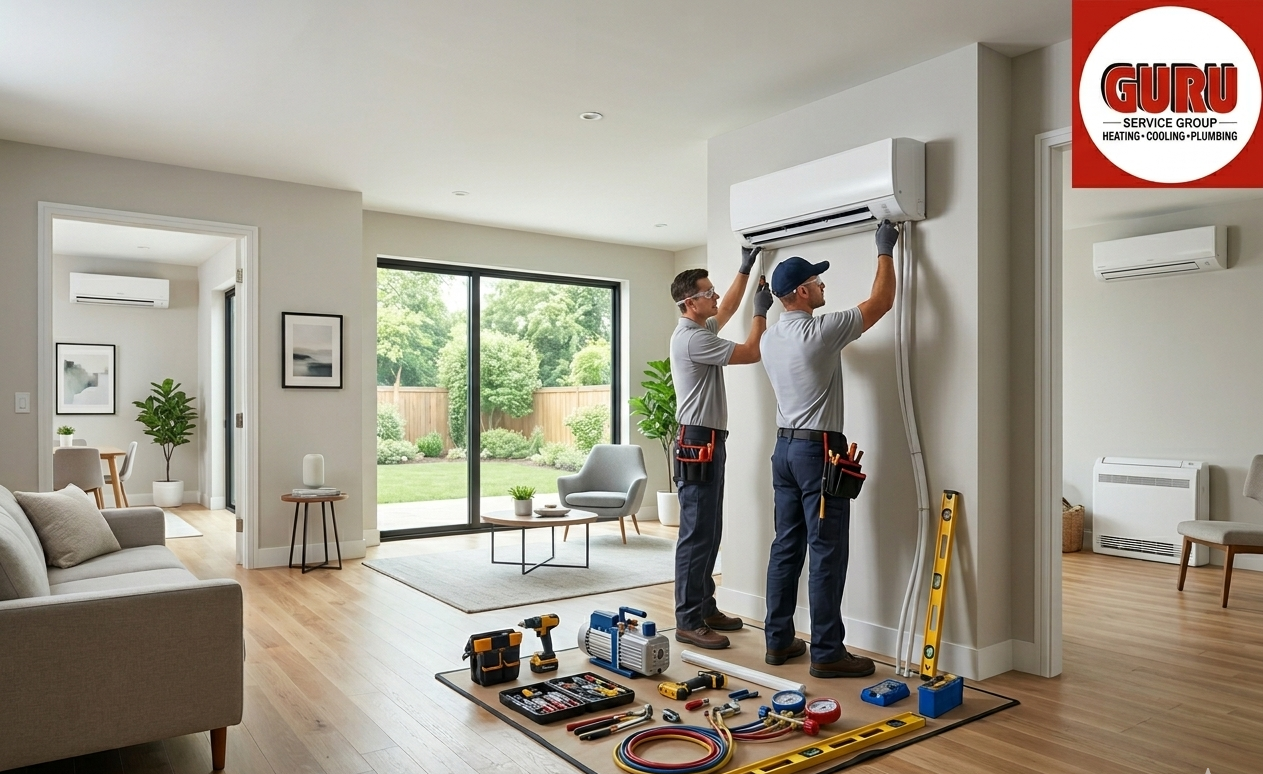 HVAC technicians Surrey installing mini split systems in a modern home