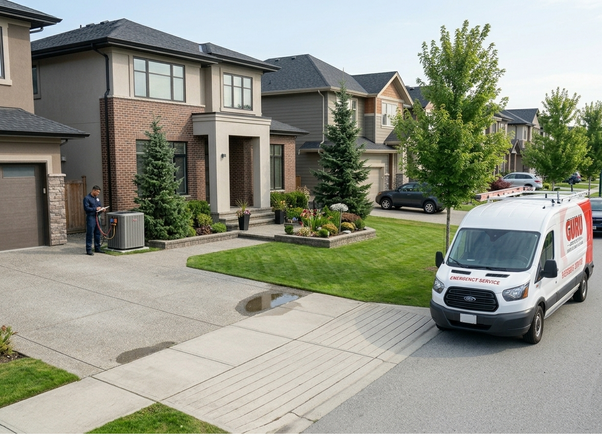 Air Conditioner Repair in Surrey by HVAC technician inspecting an outdoor AC unit at a residential property.