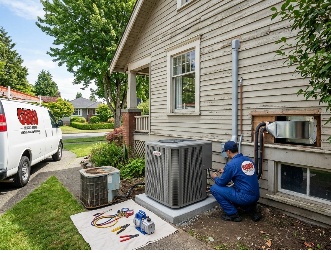 AC Installation Surrey at an older home with a modern energy-efficient cooling system installed.