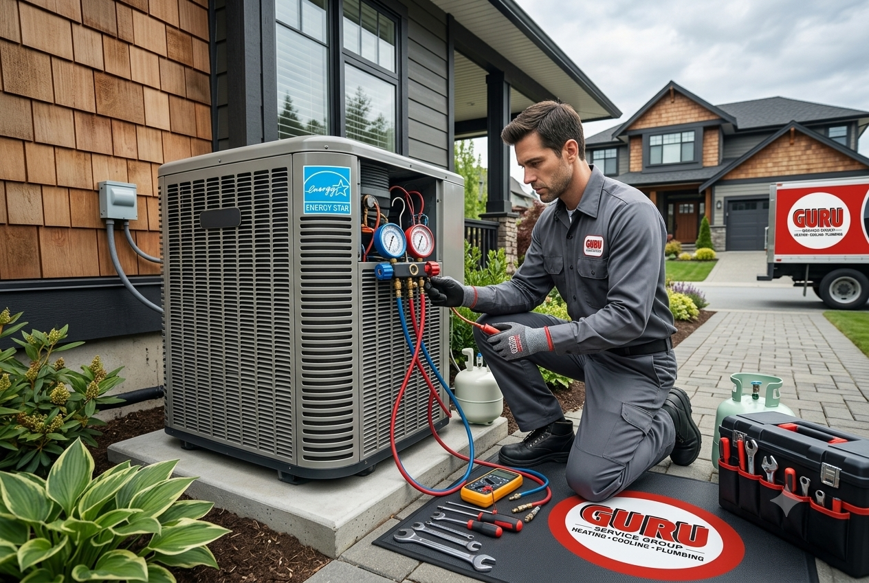 Heat Pump Repair Surrey technician checking refrigerant levels in an outdoor HVAC system