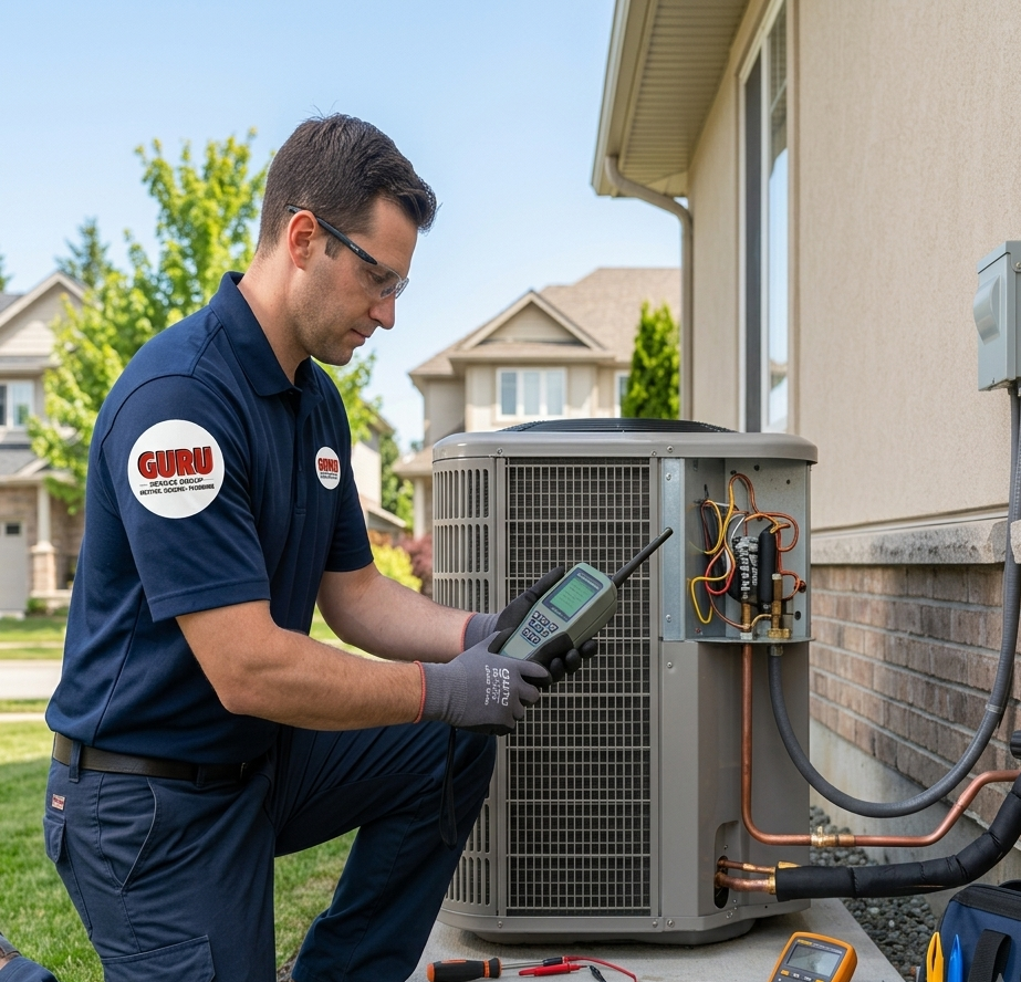 HVAC Contractor Surrey inspecting an AC refrigerant leak