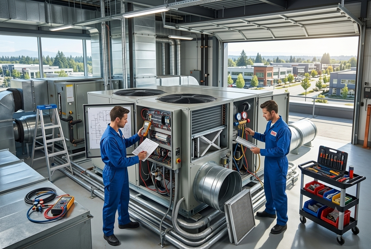 Commercial HVAC maintenance technicians servicing a system in Surrey with branded uniforms