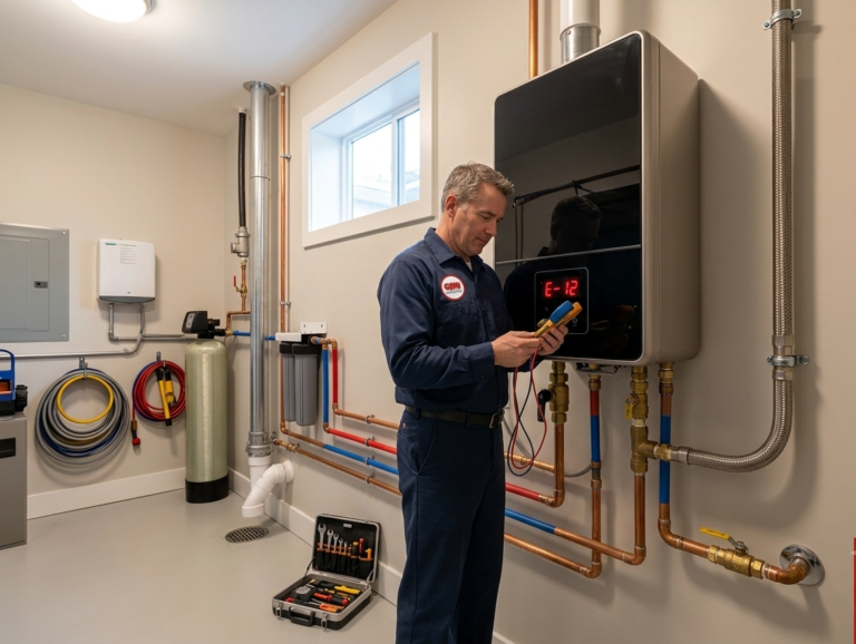 HVAC technician inspecting a tankless water heater in Surrey
